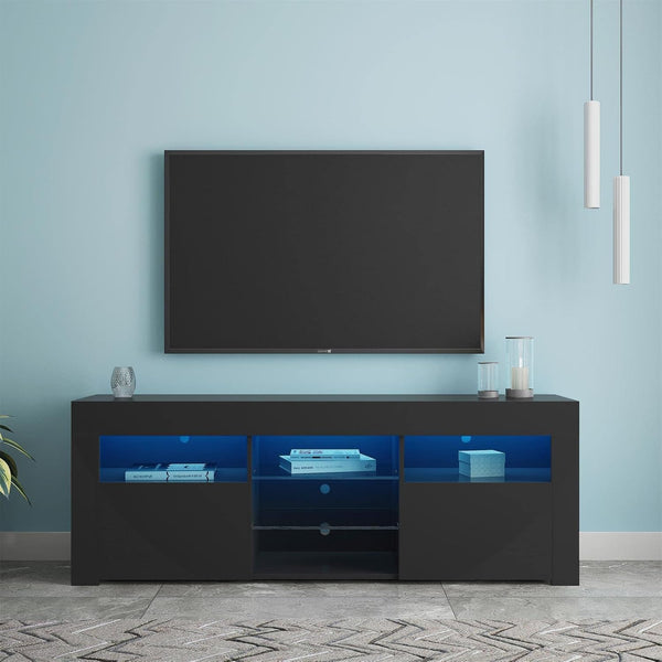 Modern TV Stand,57" TV Console Matte Body High Gloss Fronts with 16 Color Leds,Media Console Entertainment Center for 65 Inch Tv,Wood TV Stand with Storage,2 Doors & 2 Open Cabinets (Black)